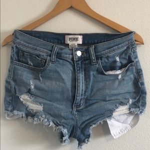 Victoria Secret Pink Denim Distressed Cut offs